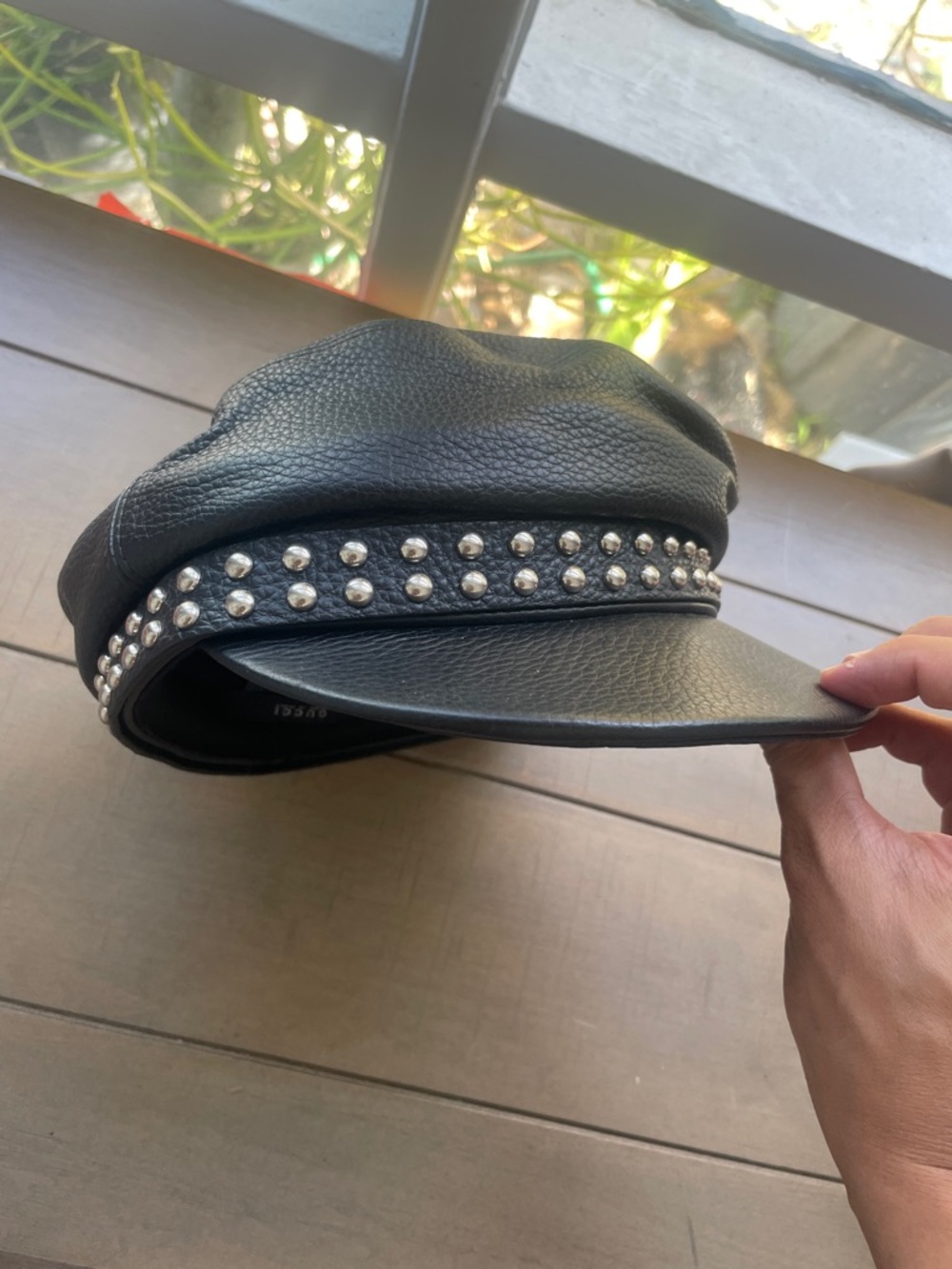 Gucci Black Pebbled Leather Studded Baker Cap leather cap